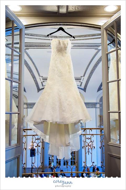wedding dress hanging at the tudor arms