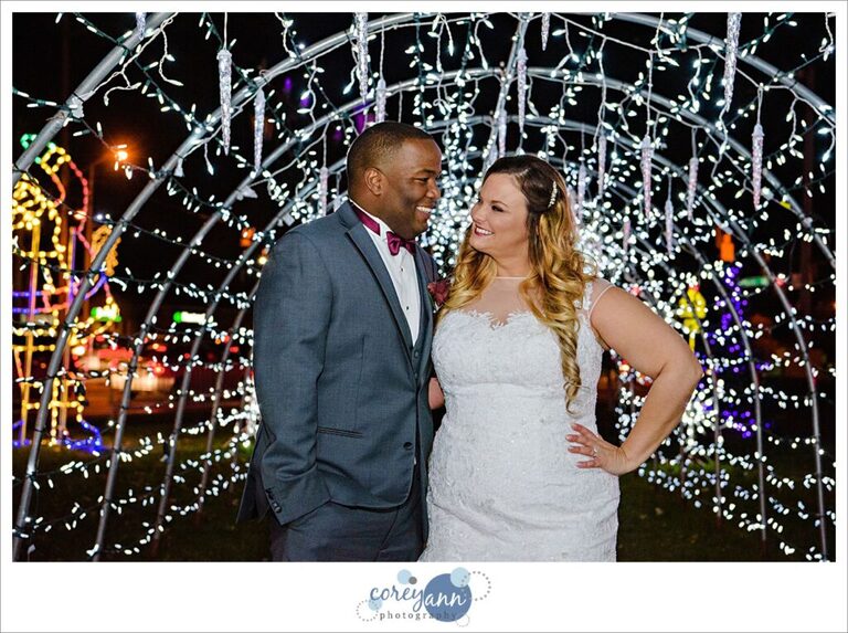 Wedding photo in Strongsville with Christmas Lights