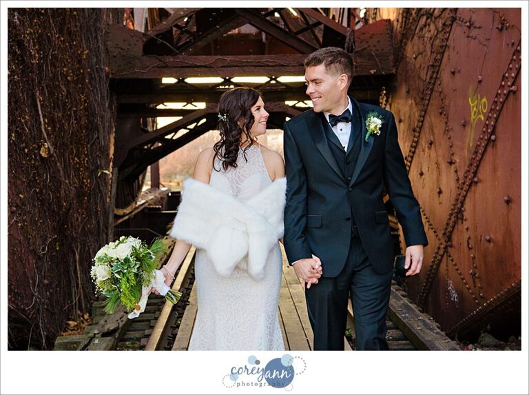 Bride and Groom at Shooters Jackknife Bridge in Cleveland after wedding