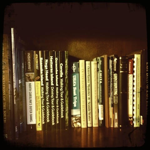travel books on a shelf