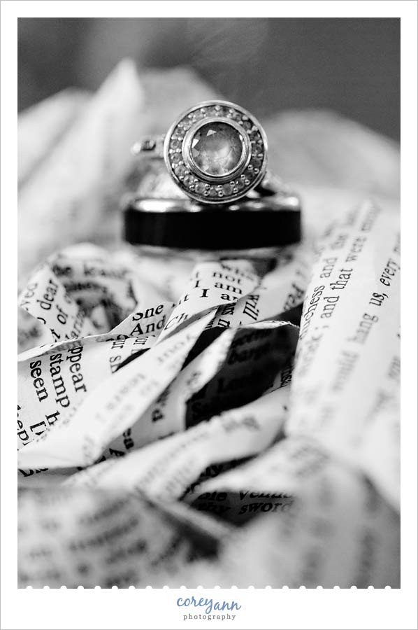 wedding rings on book bouquet