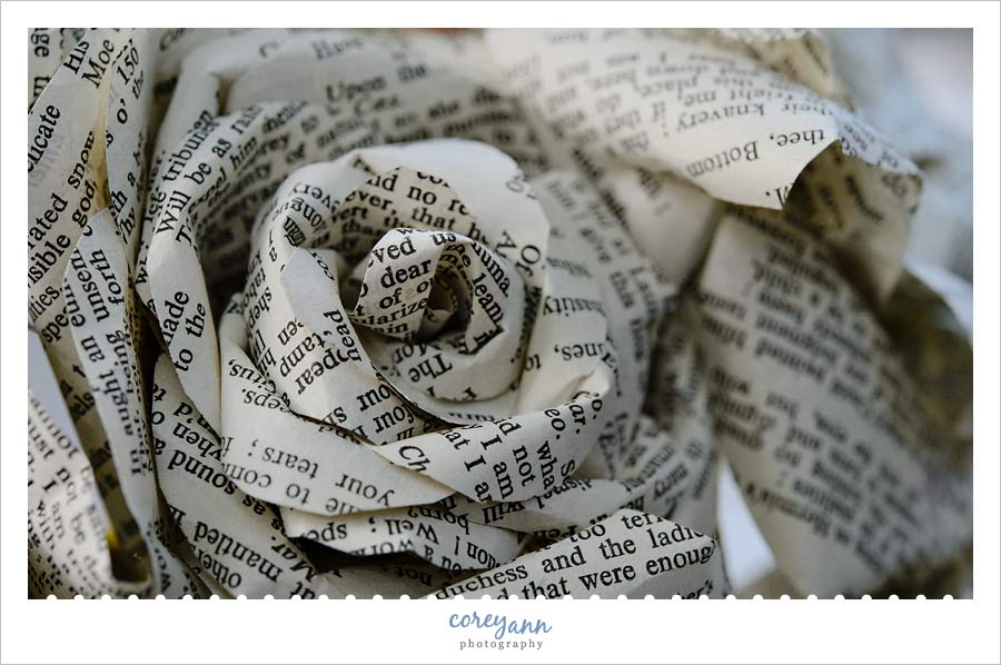 detail image of book bouquet made up of shakespeare sonnets