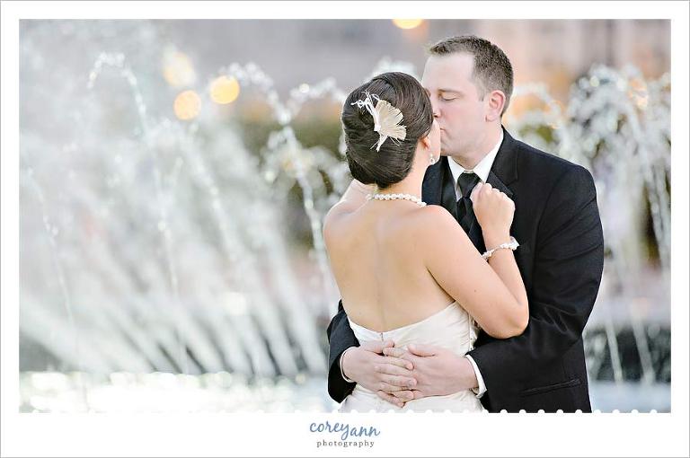 evening wedding photo of bride and groom in downtown cleveland