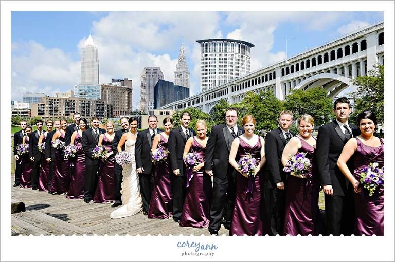 20 person bridal party with cleveland ohio skyline