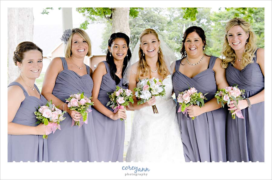 Jenny & John's Wedding bridemaids in grey with pink bouquets