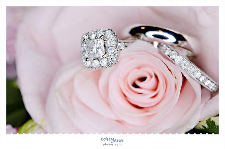 wedding rings on pink rose