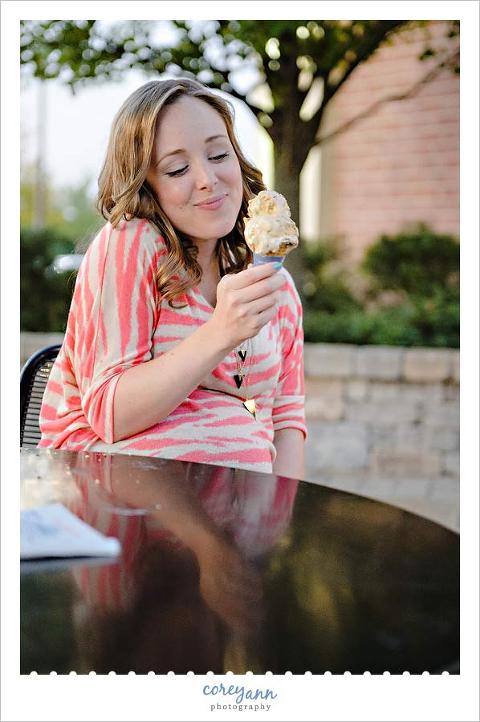 pregnant woman eating ice cream at handel's