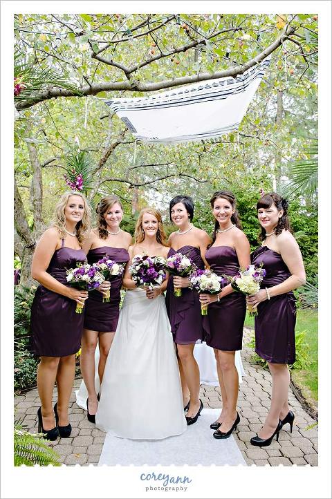 bride with bridesmaids in purple dresses with purple and white bouquets