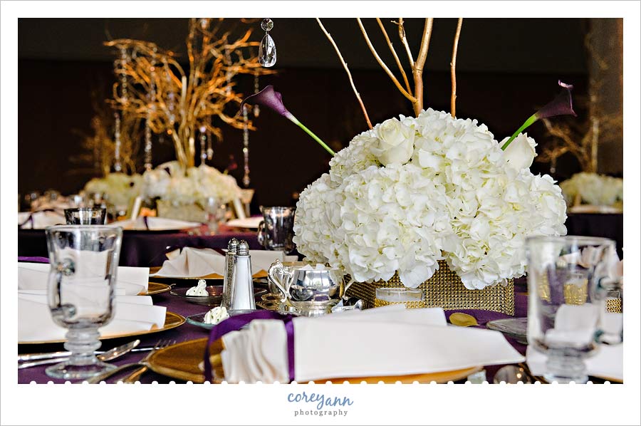 Stephanie and Mark's Wedding plum and gold wedding reception decor at landerhaven in cleveland ohio