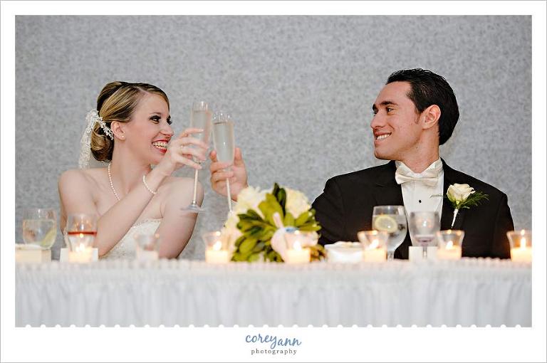 bride and groom toasting glasses during wedding reception in boardman ohio