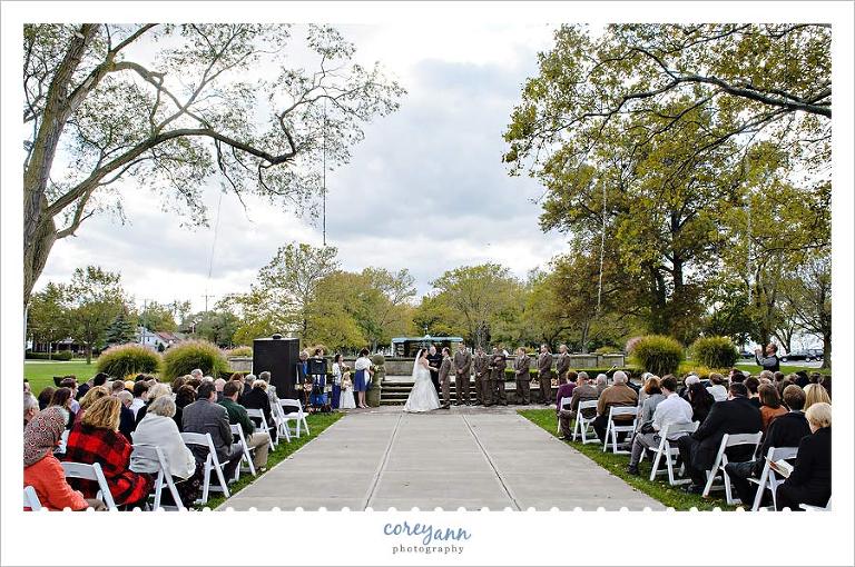 outdoor wedding ceremony at the fountain at Lakview Beach in Avon Ohio