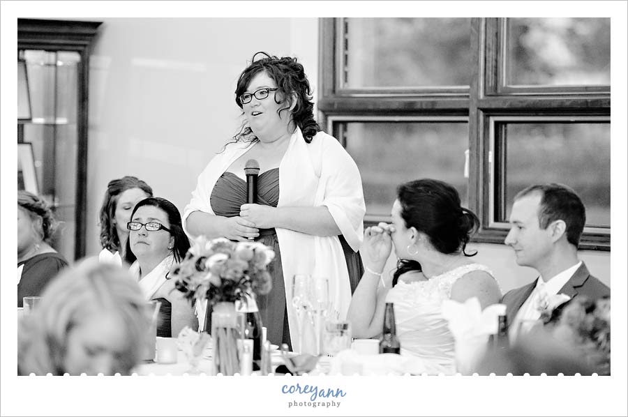 Jenny and Joe's Wedding maid of honor giving toast at rose cafe in avon ohio