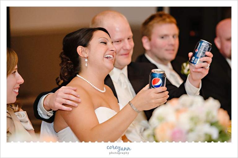 bride and groom toasting her deceased father with pepsi