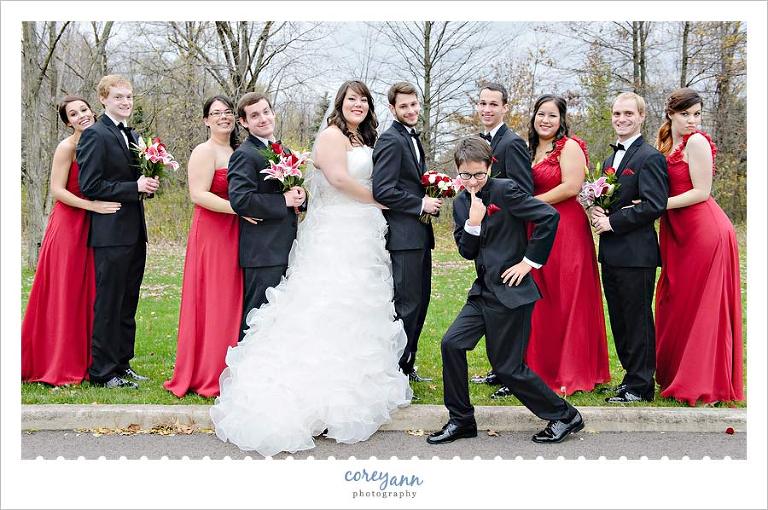 red and black fun bridal party picture in ohio