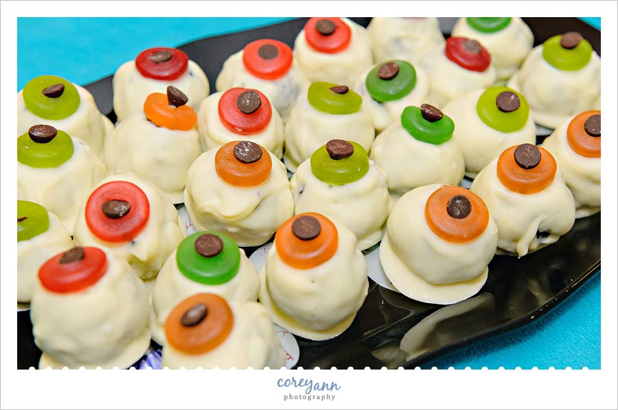 eyeball oreo balls with gummy lifesavers and a chocolate chip