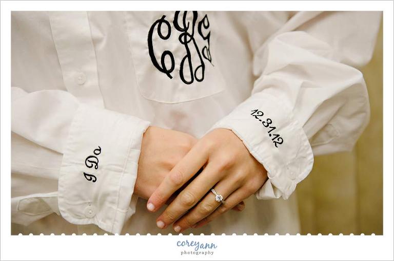 bride wearing a custom monogrammed button up shirt for wedding day