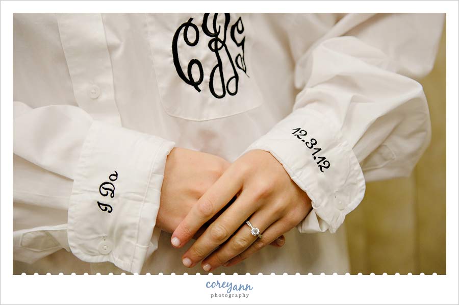 bride wearing a custom monogrammed button up shirt for wedding day