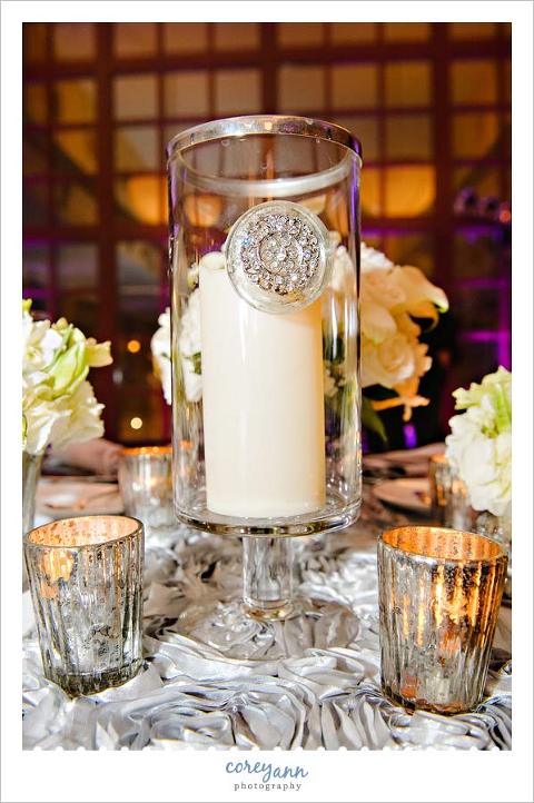 silver mercury glass centerpiece on a sweetheart table