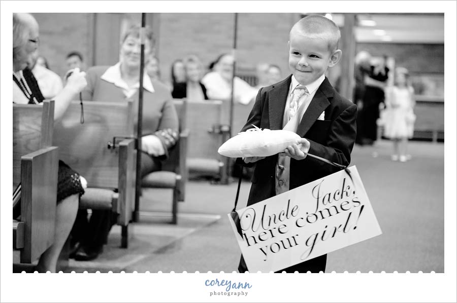 Nancy Bride Talk ring bearer carrying sign here comes your girl