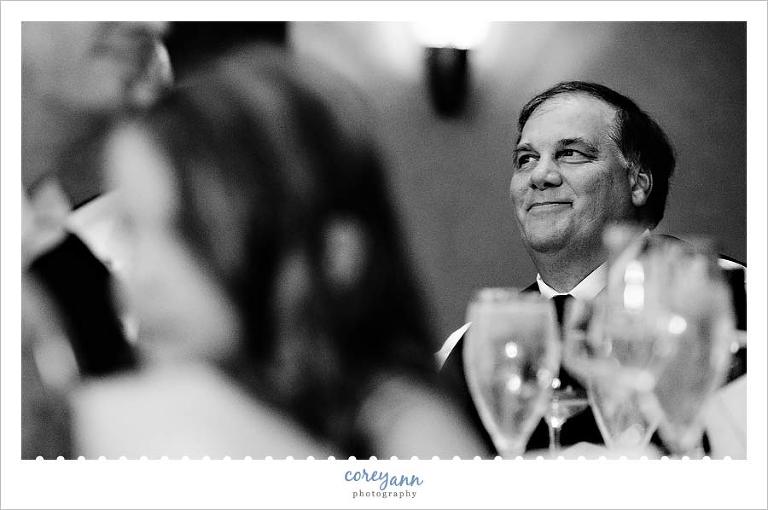 father listening to toast during wedding reception at mariott at key center
