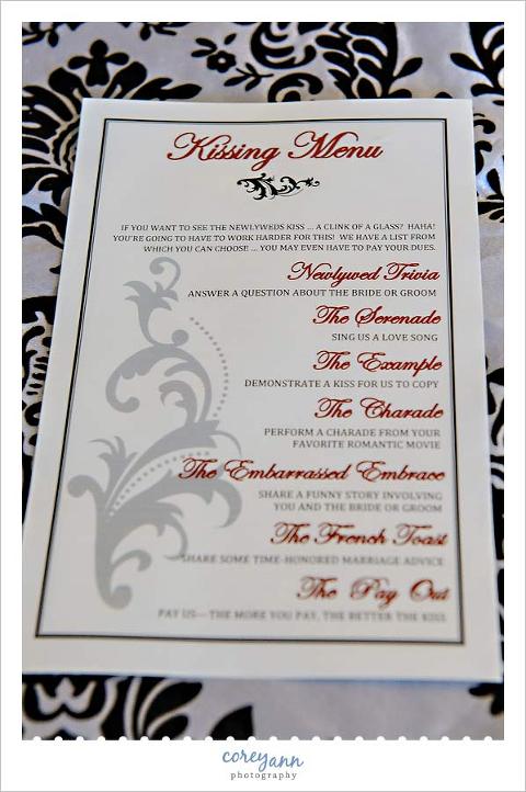 kissing menu at wedding reception