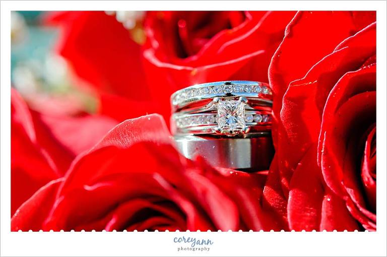 wedding rings on red roses