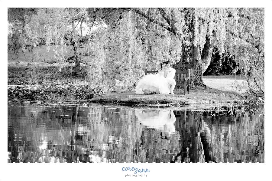 bride and groom beneath a weeping willow tree at holden arboretum