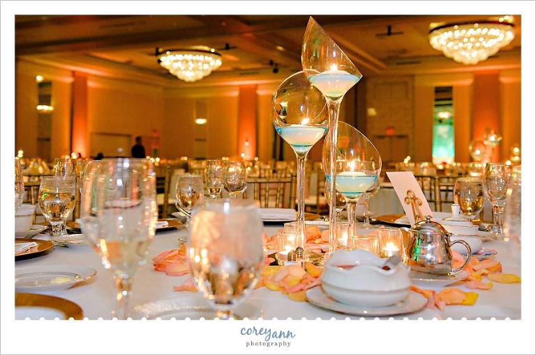 teal and pink wedding reception decor at lacentre in ohio