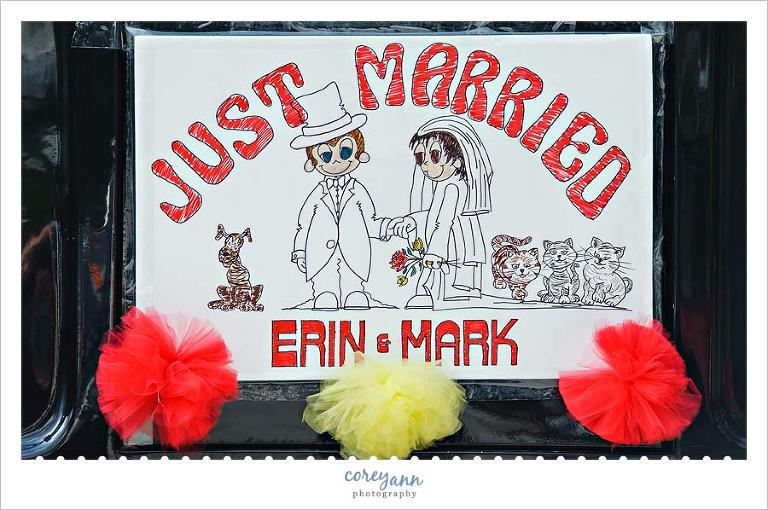 hand painted just married sign with cats