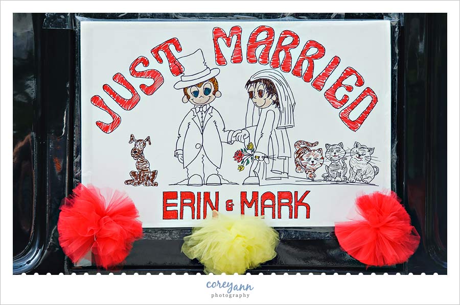hand painted just married sign with cats