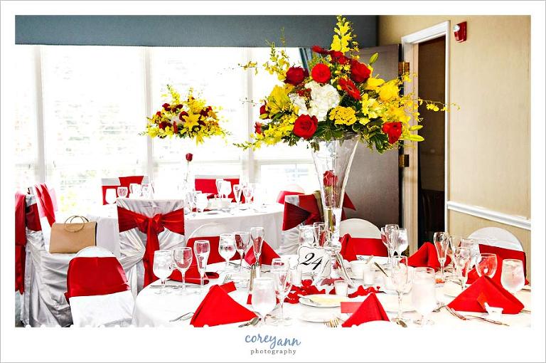 red and yellow reception decor at cleveland yacht club
