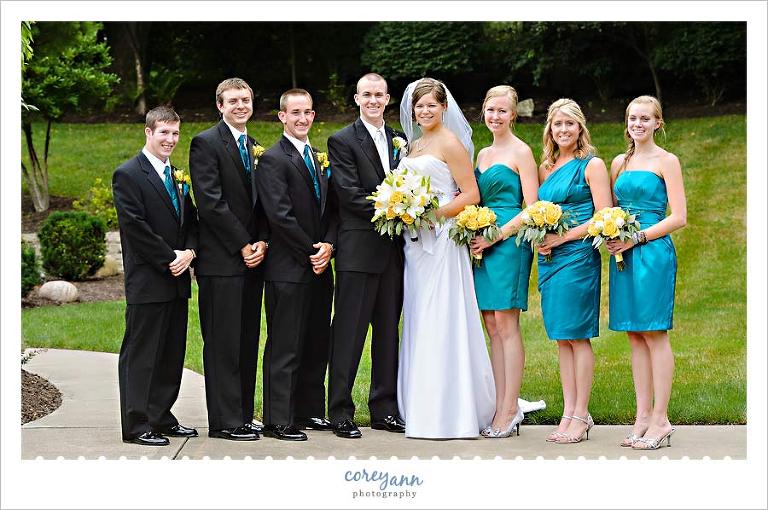 teal and yellow bridal party