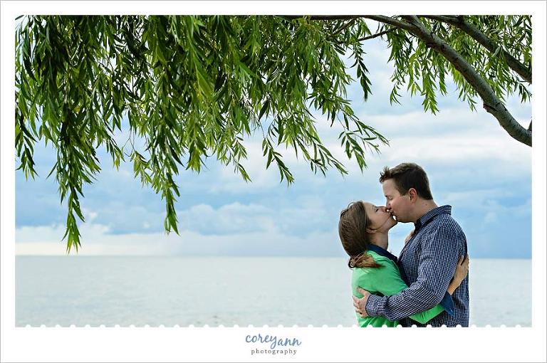 engagement portrait beneath a willow tree on lake erie beach