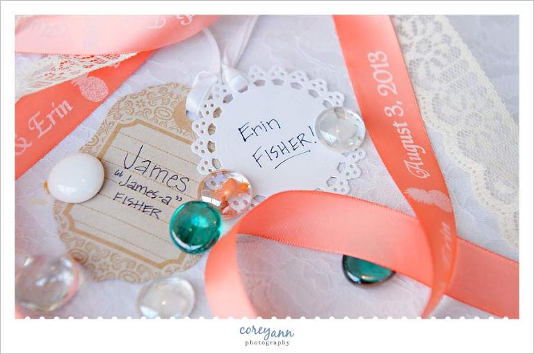 bride and groom place settings with customized ribbon