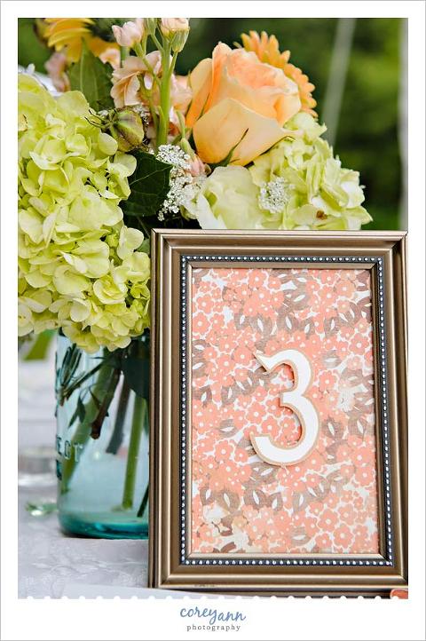 blue mason jar centerpiece with decoupaged table number