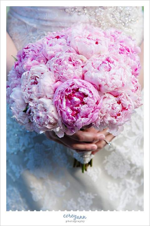 bridal bouquet of pink peonies in september