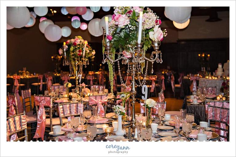 pink and grey wedding reception by bella's blooms 