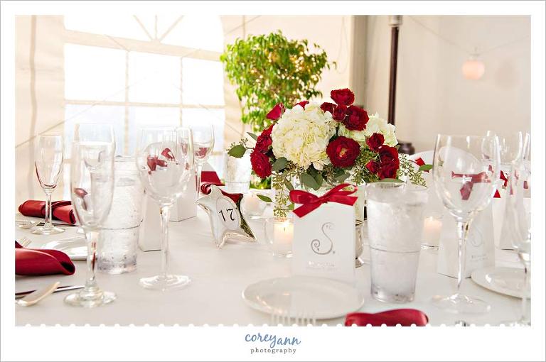 red and white wedding reception decor