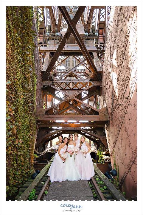 bridesmaids on bridge in cleveland ohio flats
