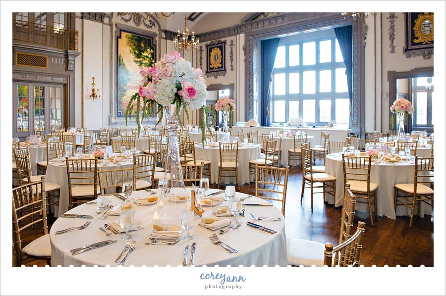 gold and pink reception decor at tudor arms hotel