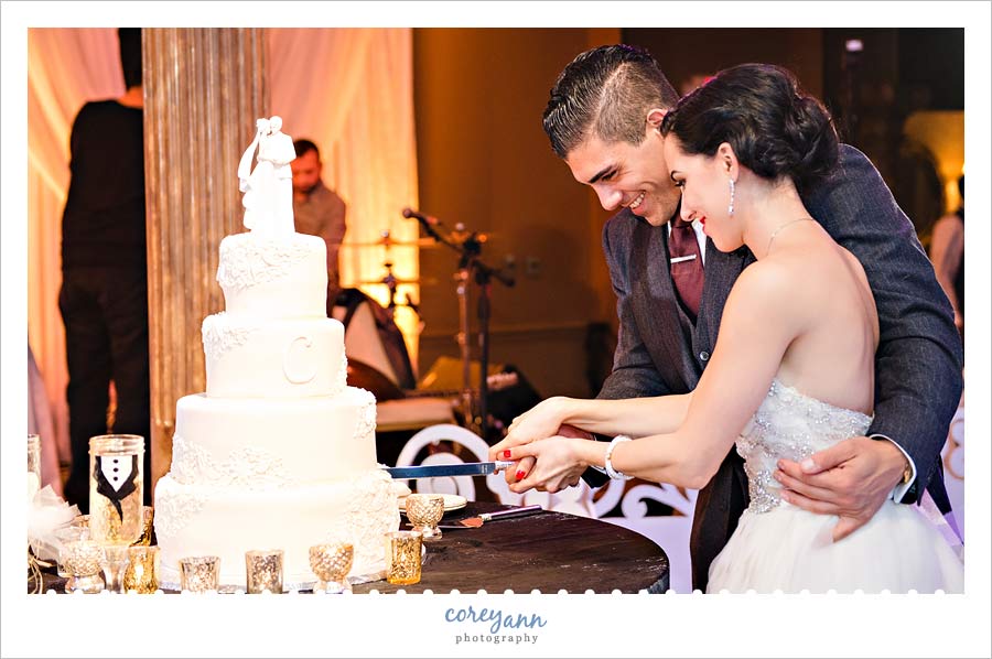 bride and groom cutting the wedding cake