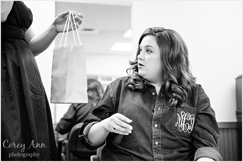 bride opening wedding gift from groom