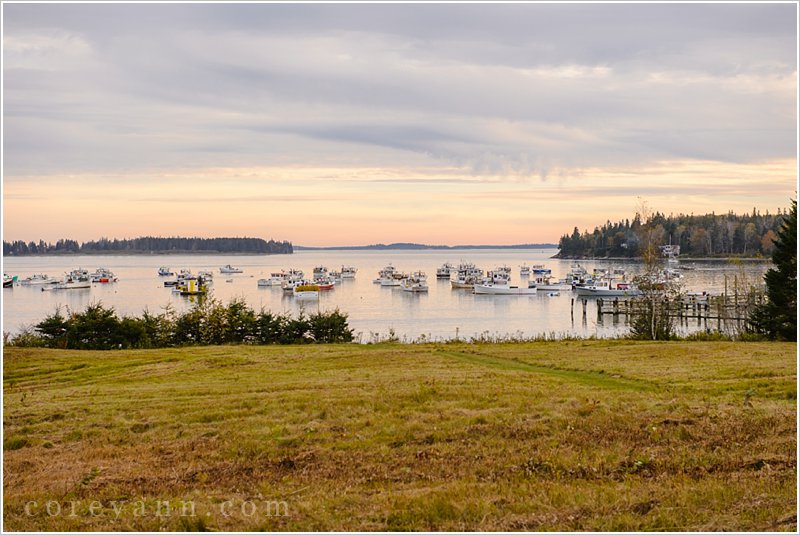 lobster boats at sunset