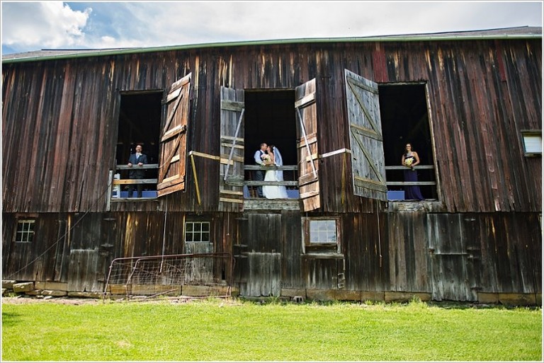 bridal party portrait at bride with long veil at conrad botzum farm in akron ohio