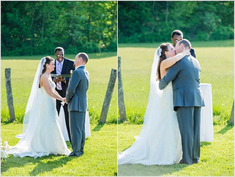 outdoor wedding ceremony at bride with long veil at conrad botzum farm