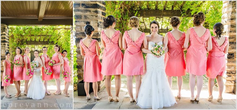 bridesmaids in coral pink dresses