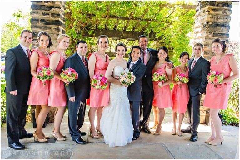 coral and grey wedding party