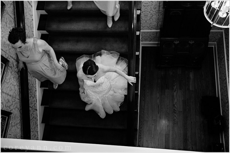 overhead shot of bride walking down stairs