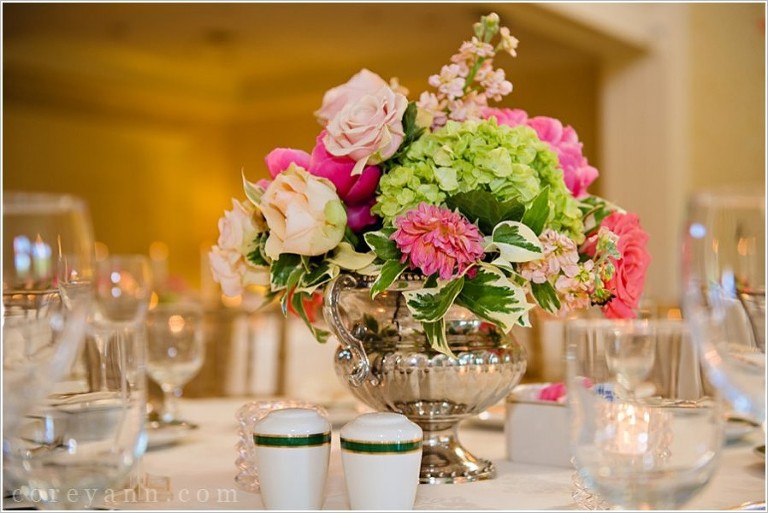 pink and green centerpieces with peonies and hydrangea