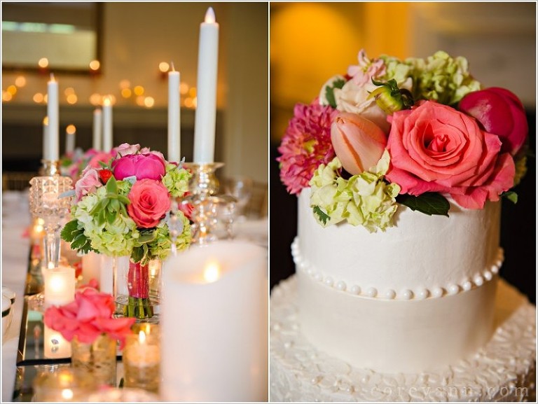 pink and green head table with candles
